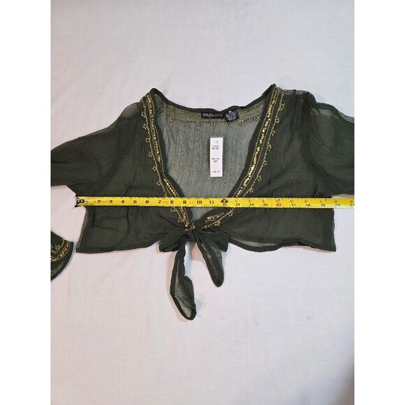 Olive Green Silk Chiffon top, cropped tie front by Magazine Size M New - Picture 9 of 11